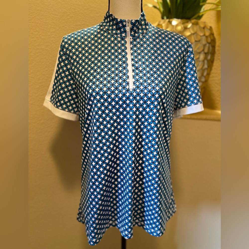 Callaway Blue Geometric Short-Sleeve Zip Polo